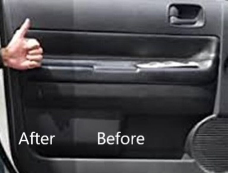 person pointing to a door panel noting the before and after for treating the door with conditioner