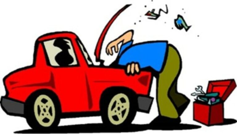 A cartoon of a man in a blue shirt under the hood of a red car working on the engine with vintage car parts