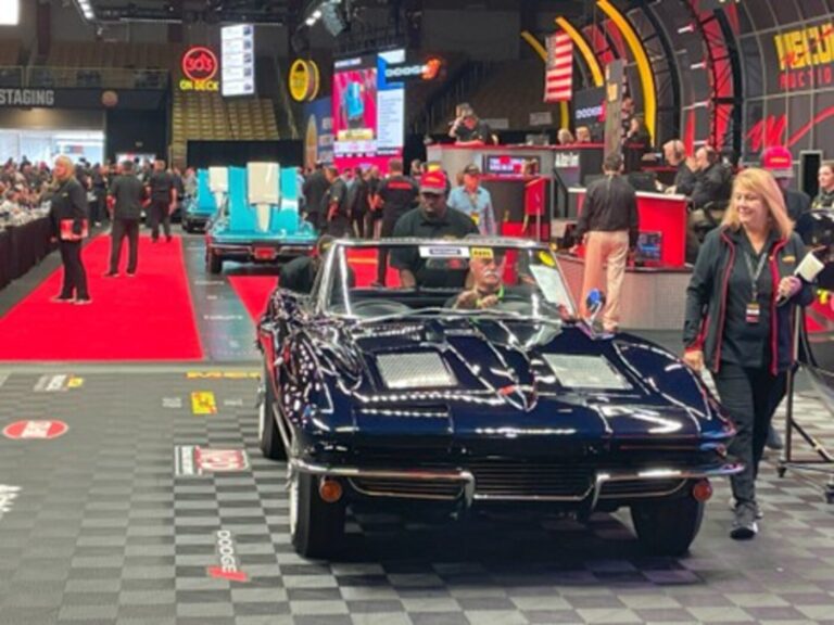 A group of blue 1960s Chevy Corvettes crossing the block at a Mecum car auction as a great place to see vintage cars